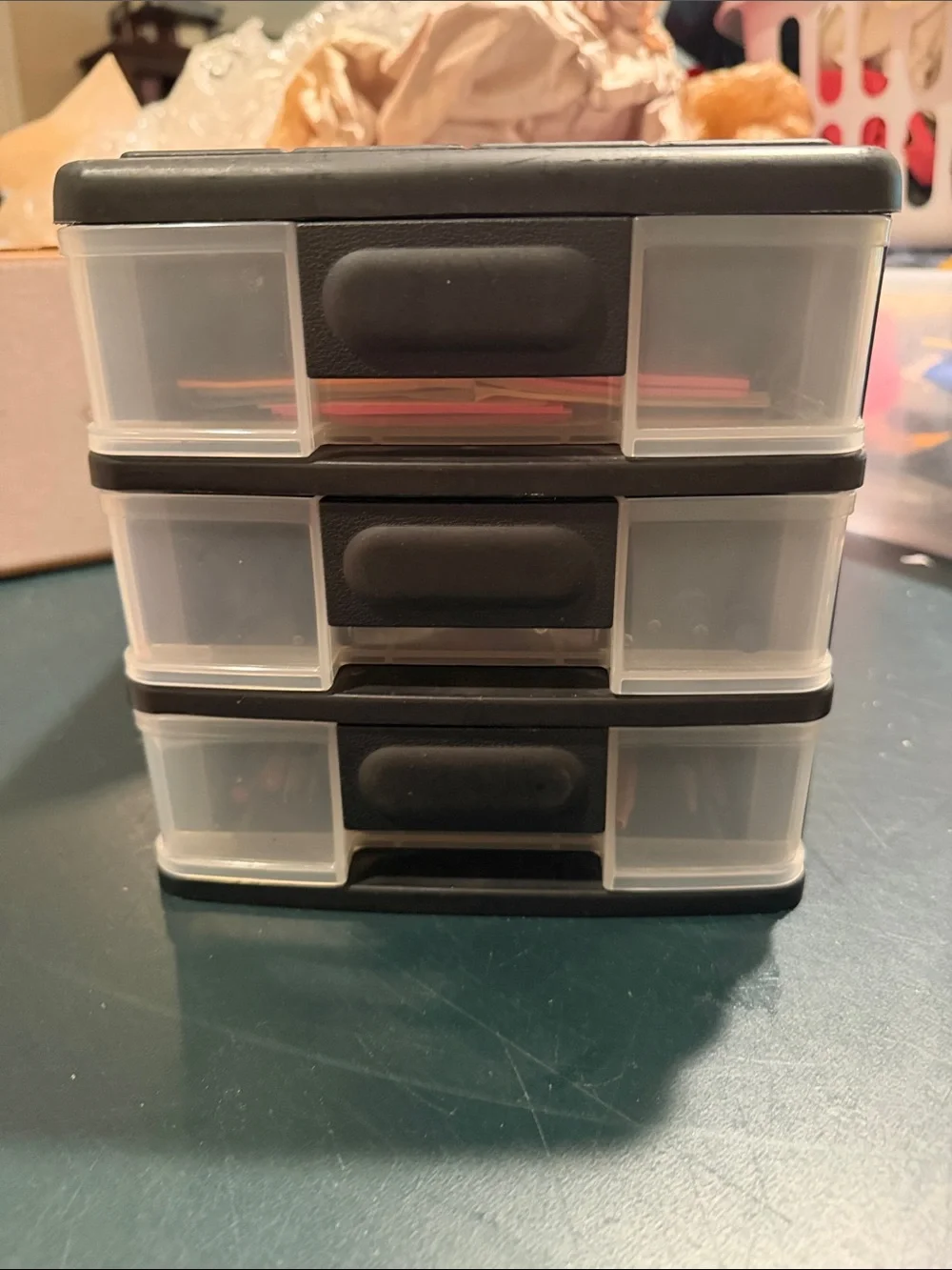 Clear Plastic 3-Drawer Organizer with Poss its, pencils, and pens included